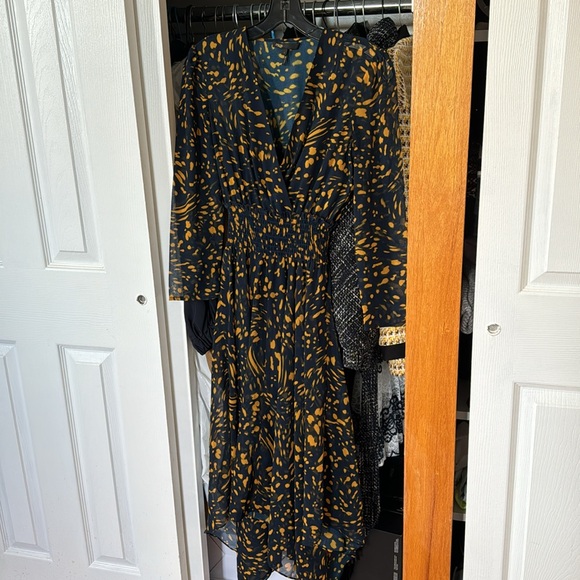 Maje Navy & Yellow Spotted Print Long Sleeve Midi Dress - Picture 7 of 11